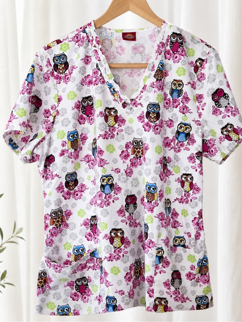 Dickies Owl Floral Scrub Top Women’s Large Cute Nurse Vet Tech Scrubs